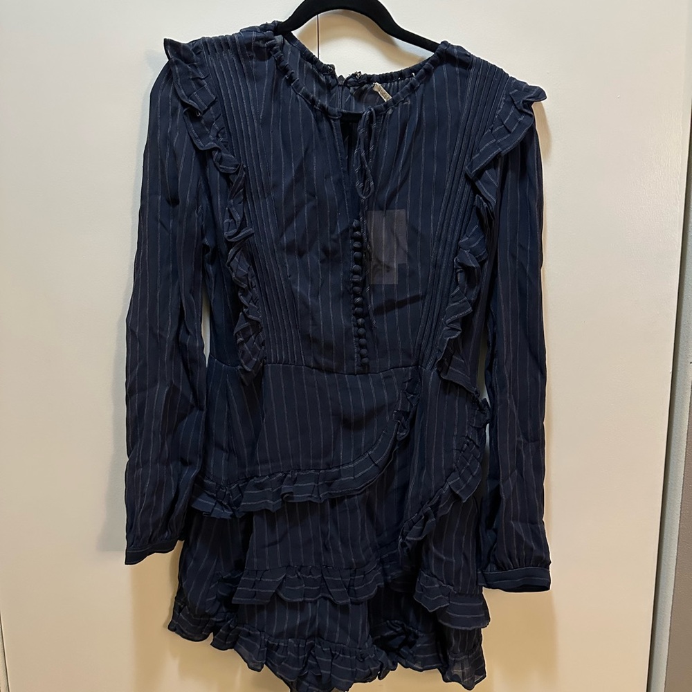 Maje Navy Ruffled Long Sleeve Dress